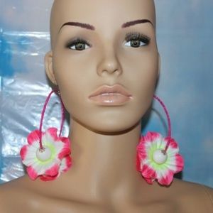 Pink flower hoop earrings